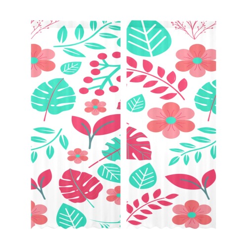 Pink & Turquoise Plant Leaf Gauze Two Piece Curtain 28 x 95 Inches Gauze Curtain 28"x95" (Two-Piece)