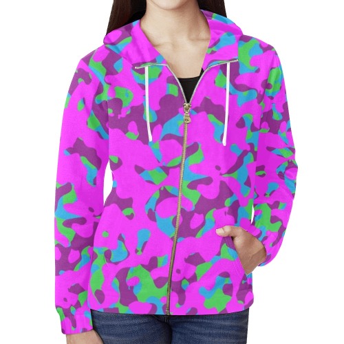 Camouflage colorful All Over Print Full Zip Hoodie for Women (Model H14)