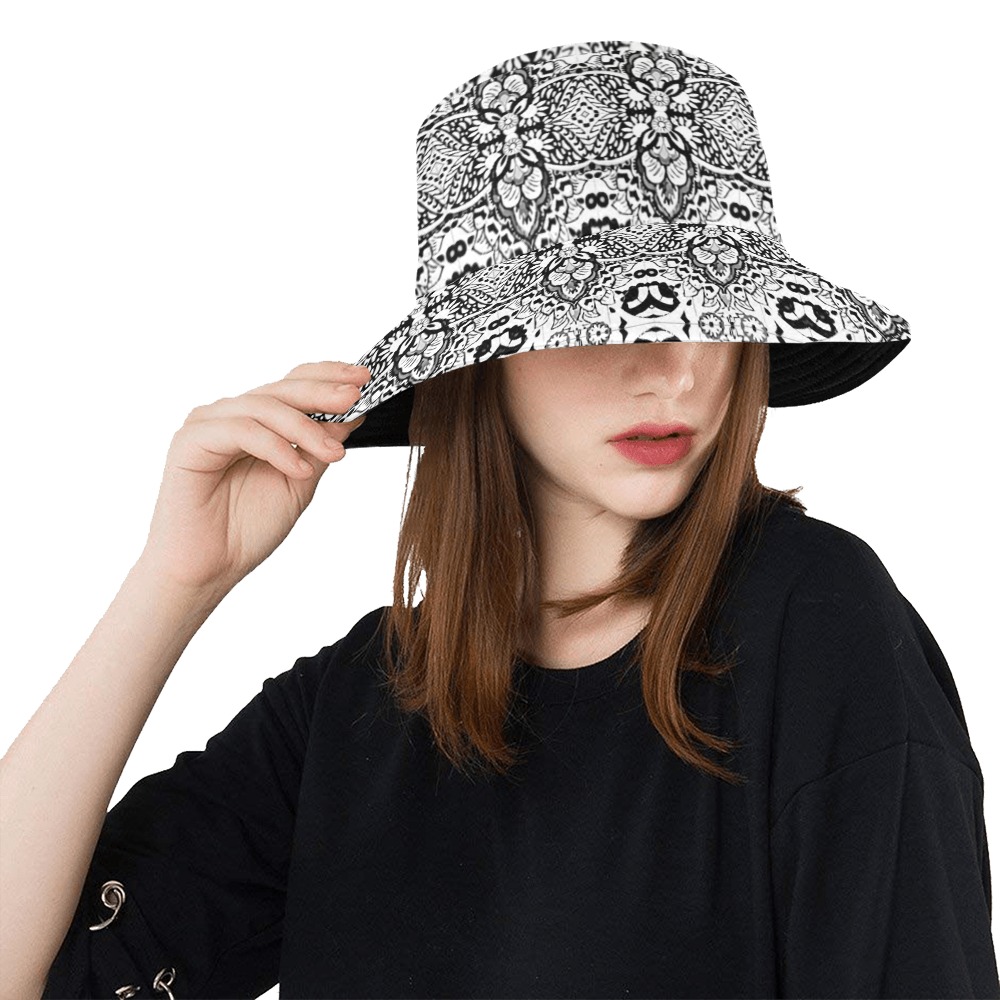 Black and White Lace All Over Print Bucket Hat