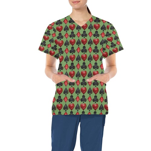 Black Red Playing Card Shapes Green All Over Print Scrub Top