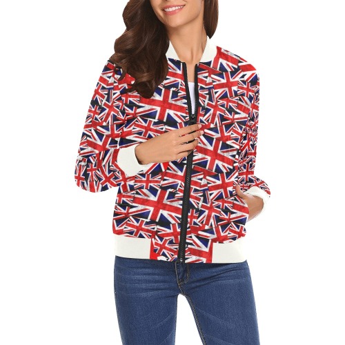 Union Jack British UK Flag All Over Print Bomber Jacket for Women (Model H19)