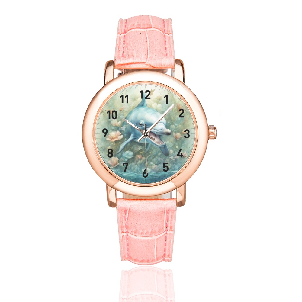 Dolphin Fantasy 1 Women's Rose Gold Leather Strap Watch(Model 201)