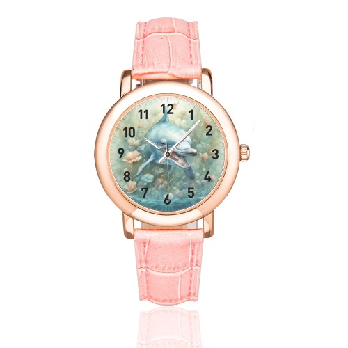 Dolphin Fantasy 1 Women's Rose Gold Leather Strap Watch(Model 201)