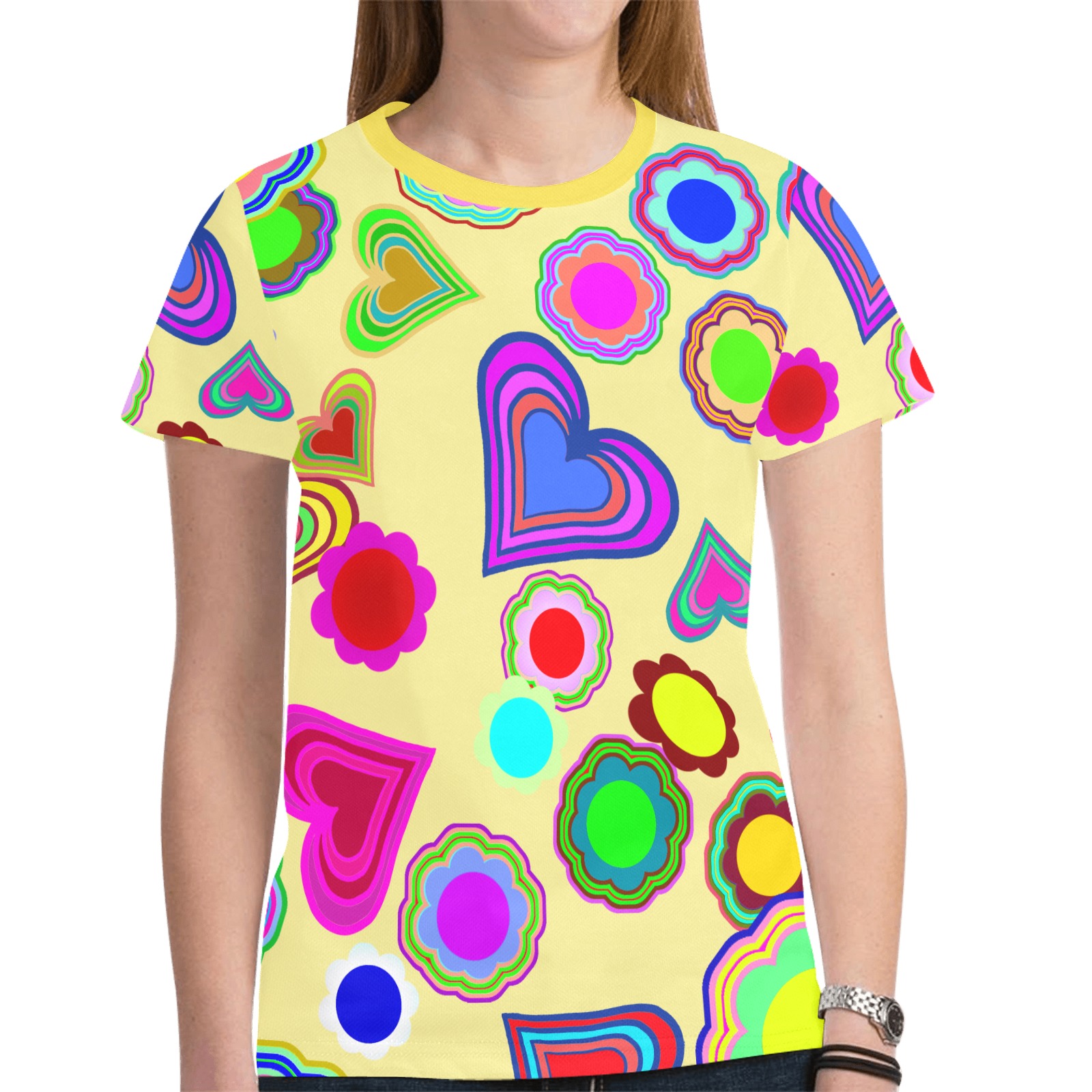 Groovy Hearts Flowers Pattern Yellow New All Over Print T-shirt for Women (Model T45)