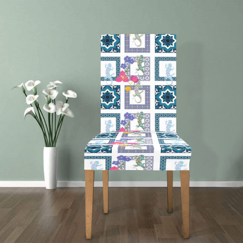 Blue Lizard Patch Mediterranean Design Removable Dining Chair Cover