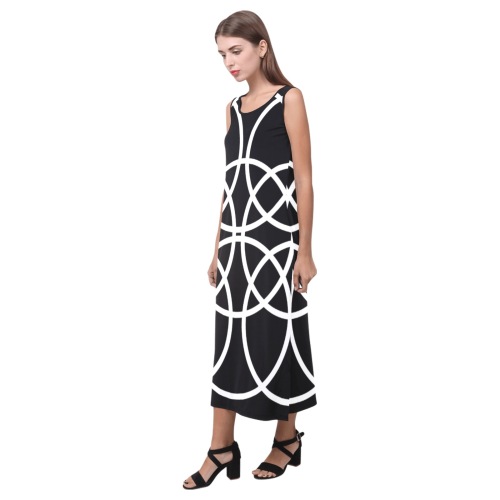 White Spiral Circles on black background Phaedra Sleeveless Open Fork Long Dress (Model D08)