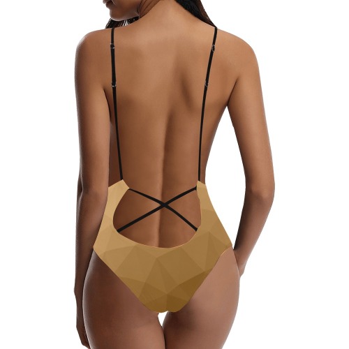 Brown gradient geometric mesh pattern Sexy Lacing Backless One-Piece Swimsuit (Model S10)