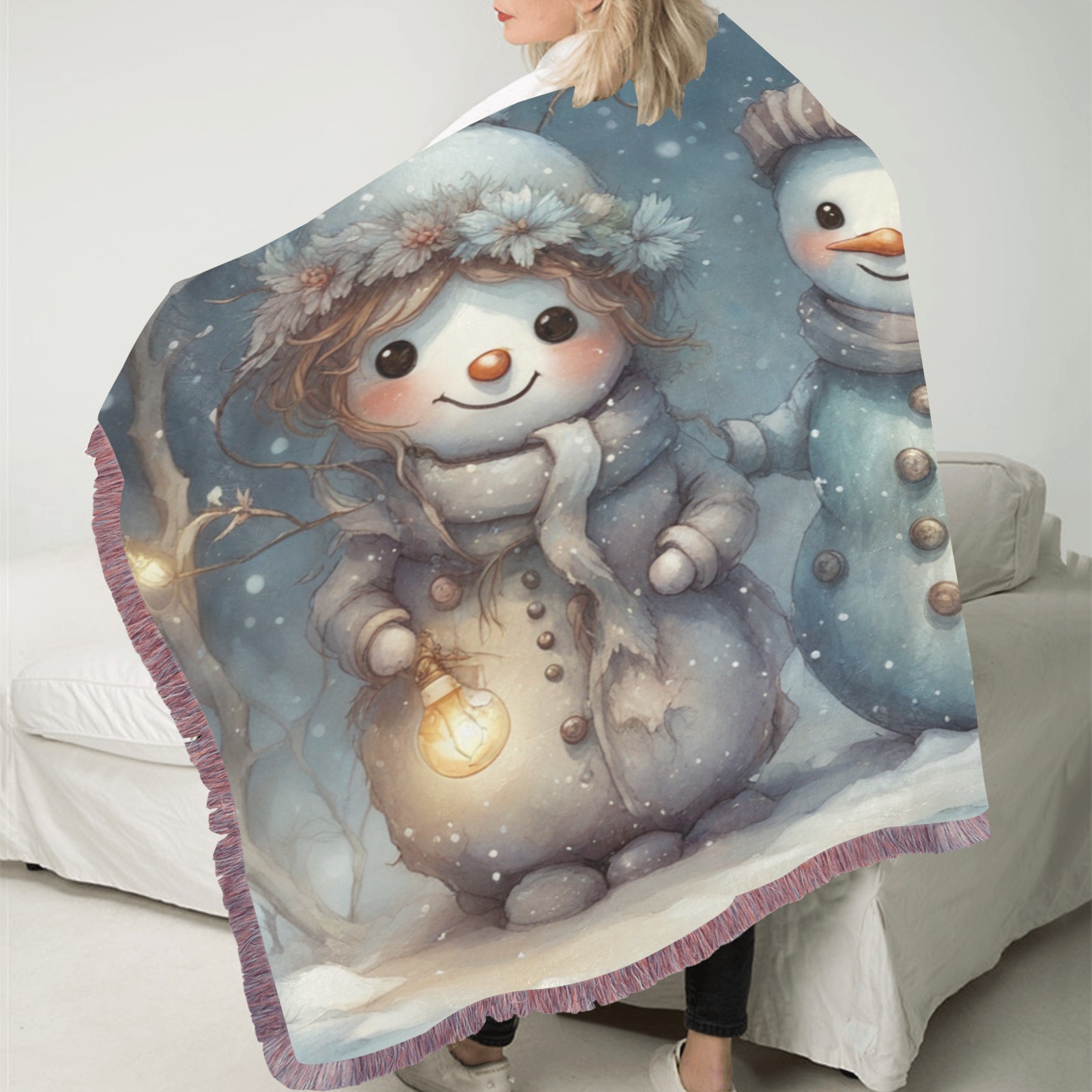 Snowman Couple Ultra-Soft Fringe Blanket 50"x60" (Mixed Pink)