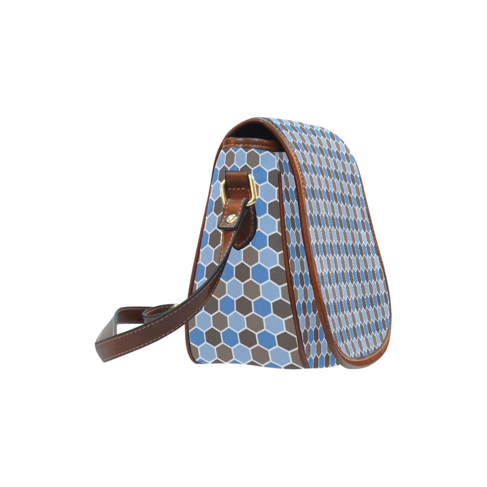 Chocolate Brown and Blue Hexagon Pattern Saddle Bag/Large (Model 1649)