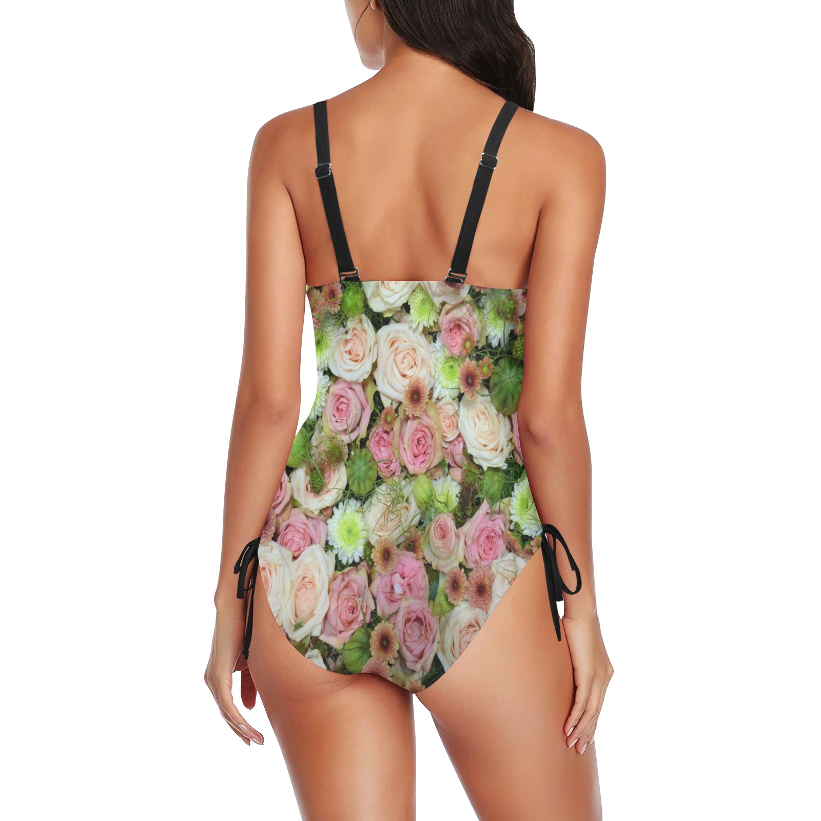 Pastel Pink Roses Drawstring Side One-Piece Swimsuit (Model S14)