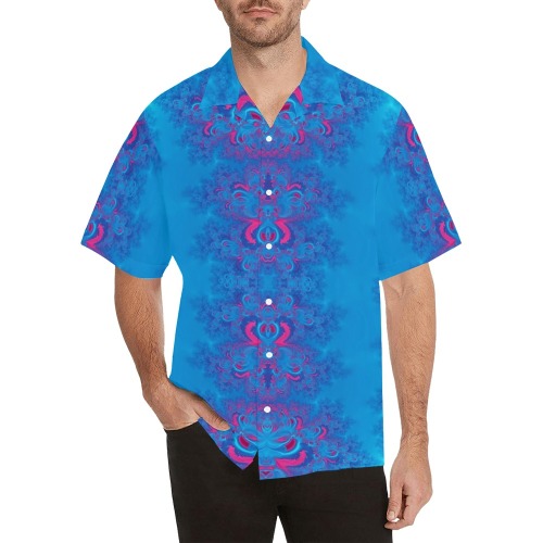 Blue Flowers on the Ocean Frost Fractal Hawaiian Shirt with Merged Design (Model T58)