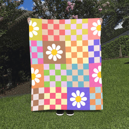Mid Century Geometric Checkered Retro Floral Daisy Flower Pattern Quilt 40"x50"
