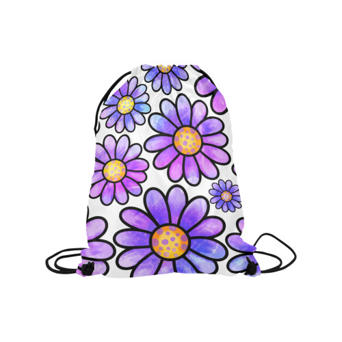 Lilac Watercolor Doodle Daisy Flower Pattern Medium Drawstring Bag Model 1604 (Twin Sides) 13.8"(W) * 18.1"(H)