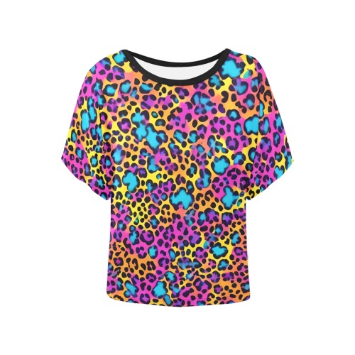 Rainbow Leopard Print Women's Batwing-Sleeved Blouse T shirt (Model T44)