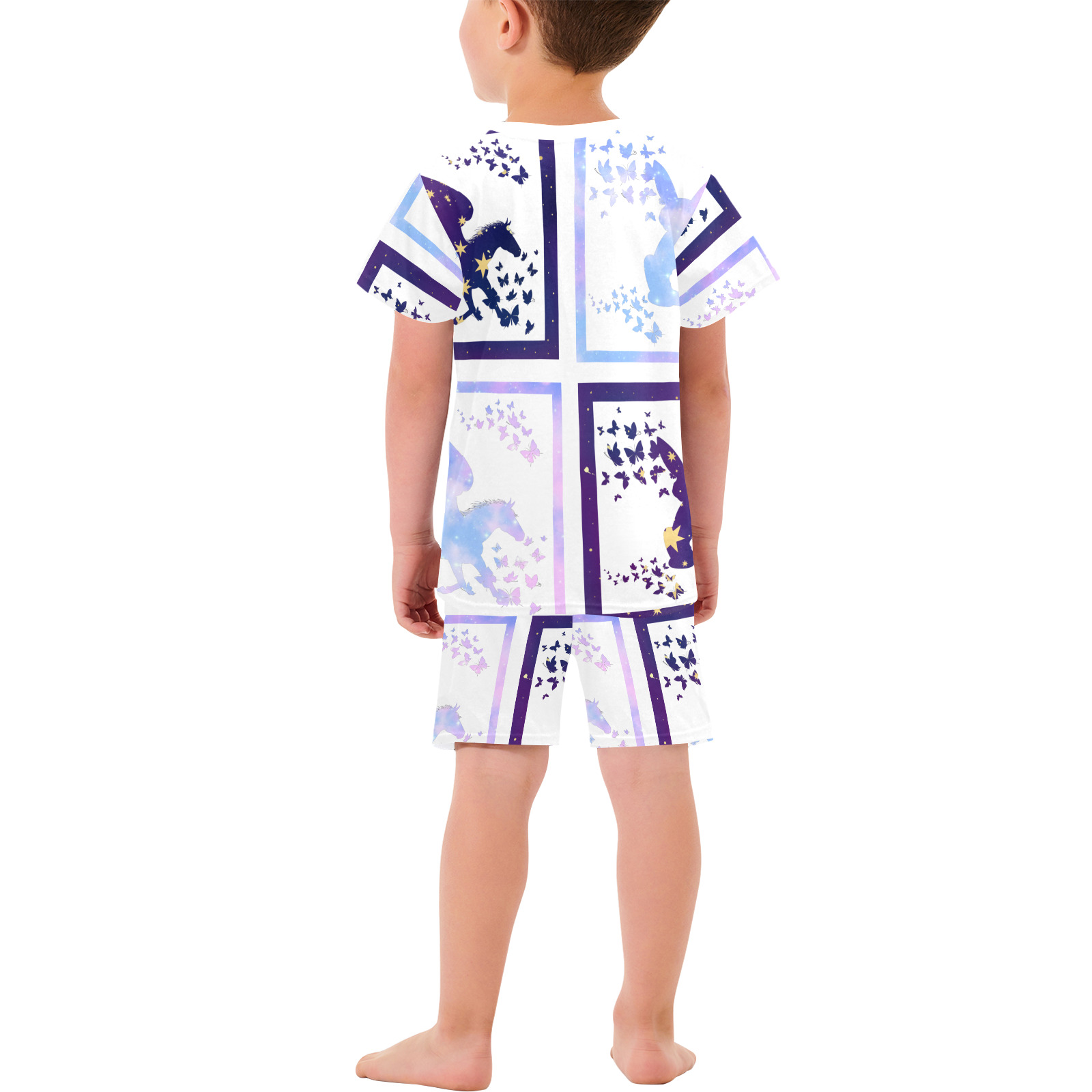 Bunny and Pegasus Together in Blue Patchwork Design Little Boys' Short Pajama Set