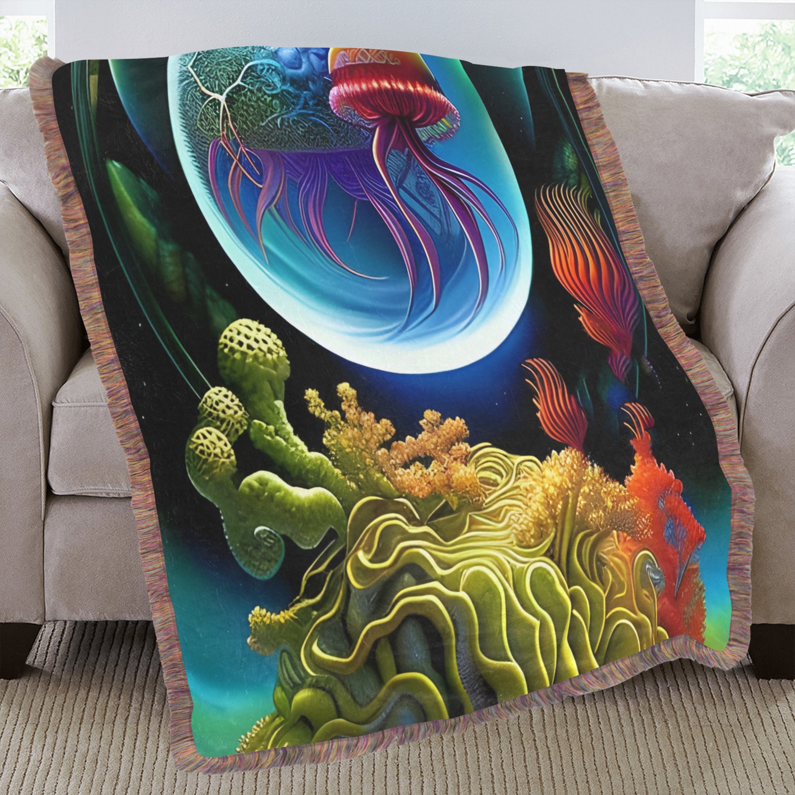 Out Of This World Spheres jellyfish Ultra-Soft Fringe Blanket 50"x60" (Mixed Green)