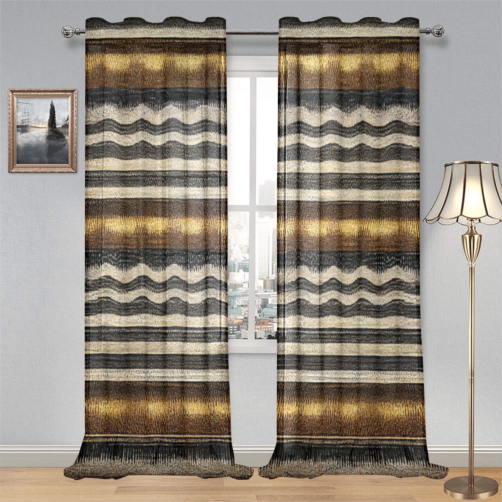 gold, silver and black striped pattern Gauze Curtain 28"x95" (Two-Piece)