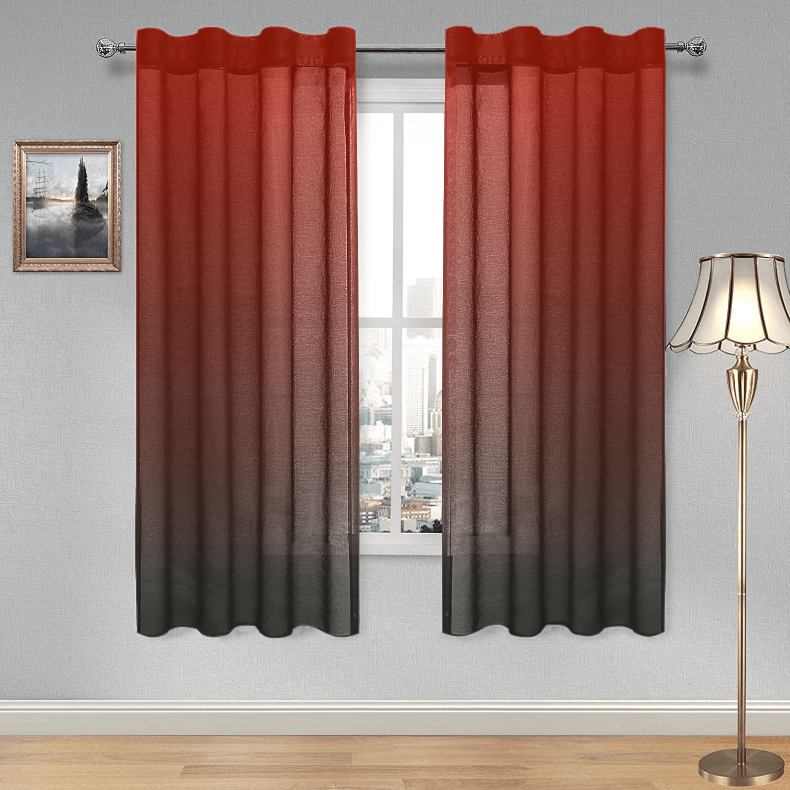 gradiant-pattern dark red Gauze Curtain 28"x63" (Two-Piece)
