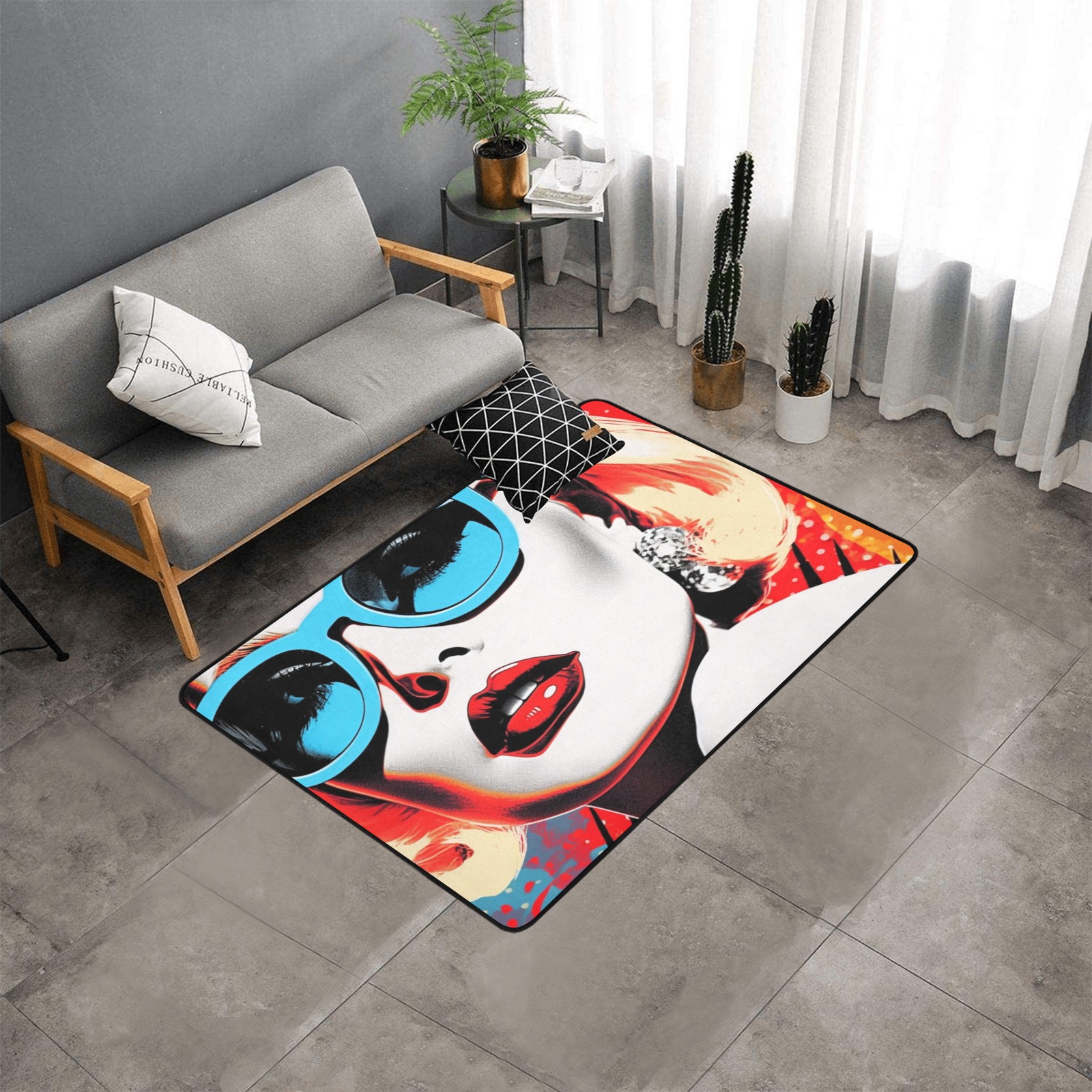 Diamond Jill Retro Glam Pop Art Lady Area Rug Blue Sunshades Classic Red Lipstick Area Rug with Black Binding 5'3''x4'