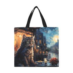 Cat and Cafe Terrace at Night Van Gogh inspired All Over Print Canvas Tote Bag/Large (Model 1699)