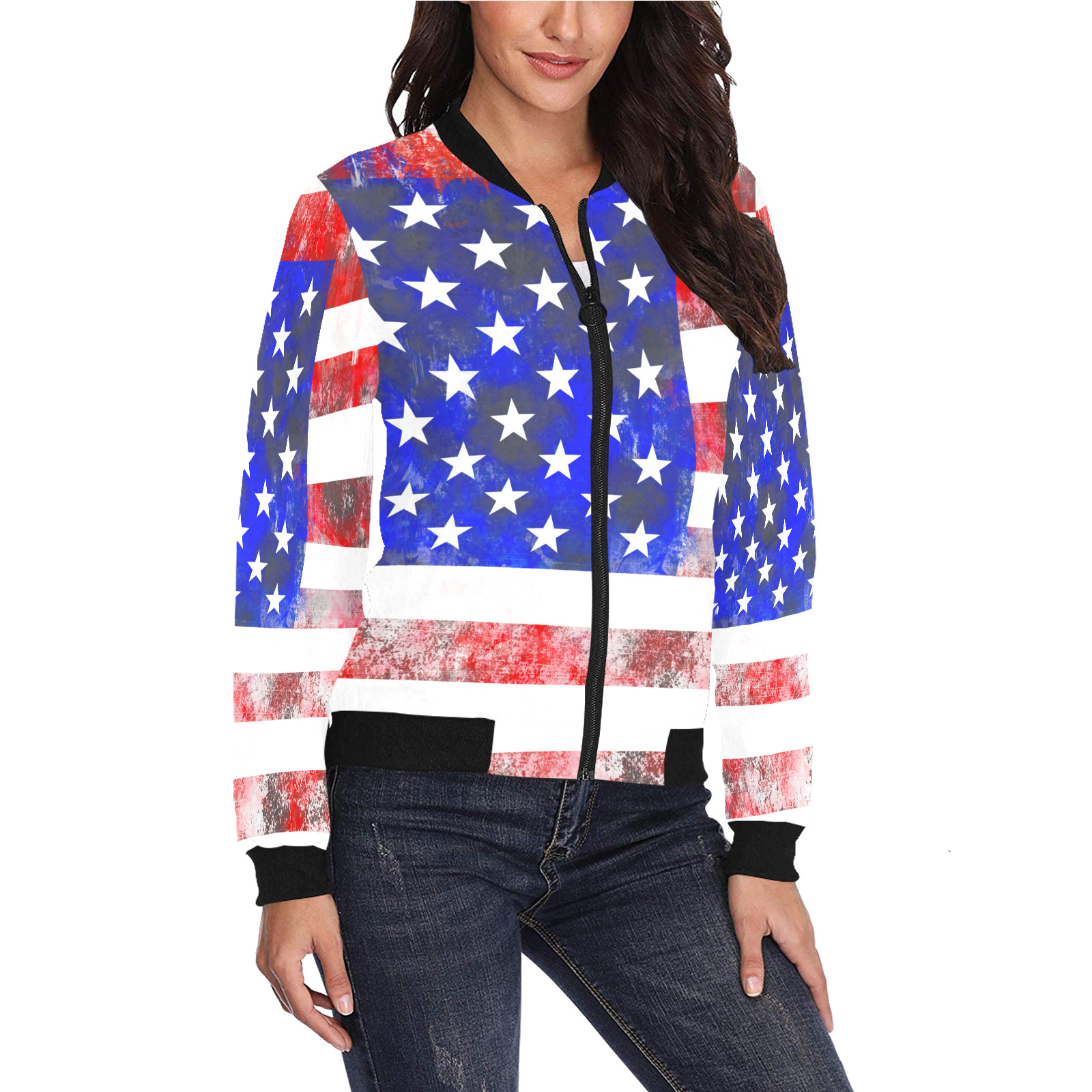 Extreme Grunge American Flag of the USA All Over Print Bomber Jacket for Women (Model H36)