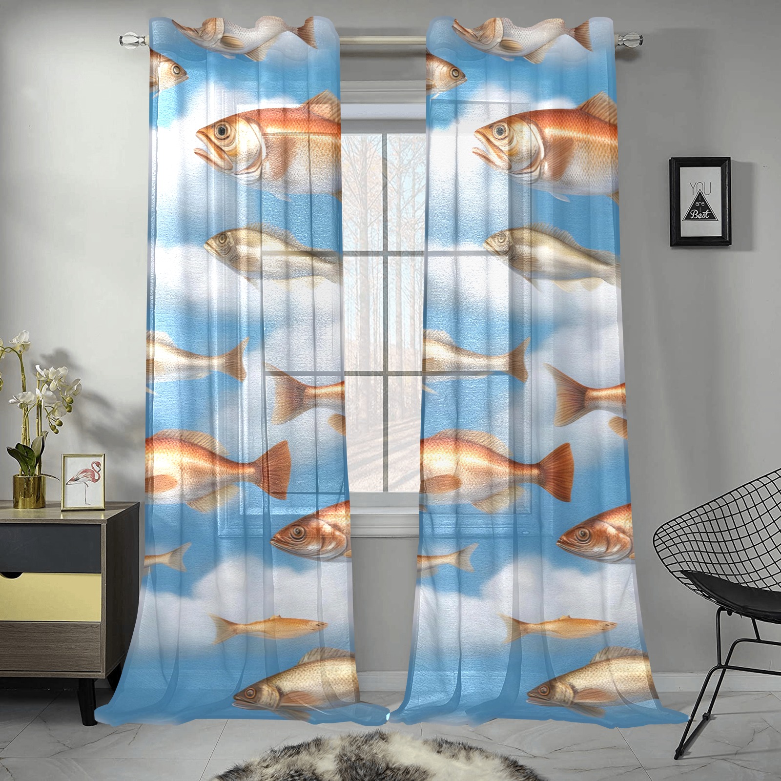 Raining Fish Gauze Curtain 28"x95" (Two-Piece)