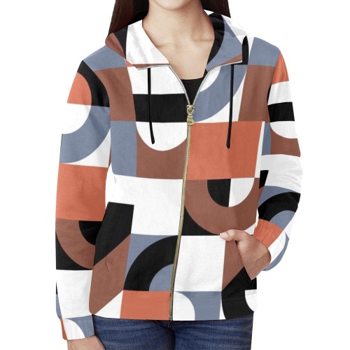 geometric Abstract - Earth Tones, Fall zip up hoodie All Over Print Full Zip Hoodie for Women (Model H14)