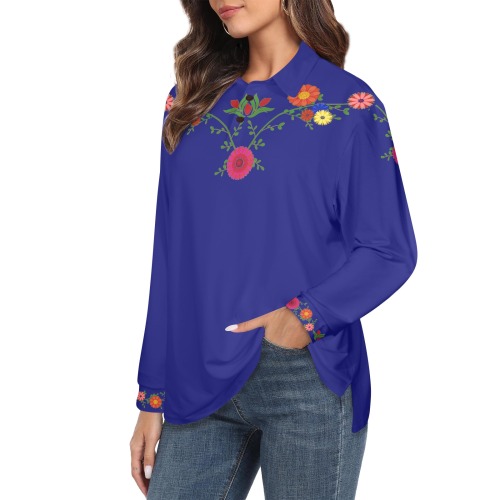 Flowers on the Vine Row / Blue Women's Long Sleeve Polo Shirt (Model T73)