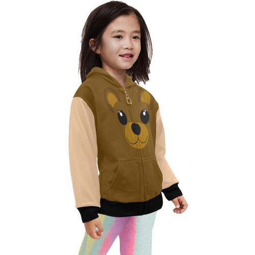 Kawaii Brown Bear / Tan Little Girls' Zip Up Hoodie (Model H58)