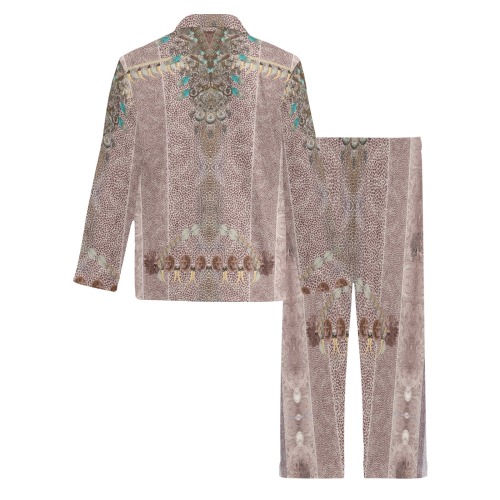leopard design and feathers Men's V-Neck Long Pajama Set