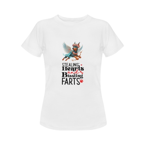 Cupid Dobermann Stealing Hearts and Blasting Farts Women's T-Shirt in USA Size (Two Sides Printing)