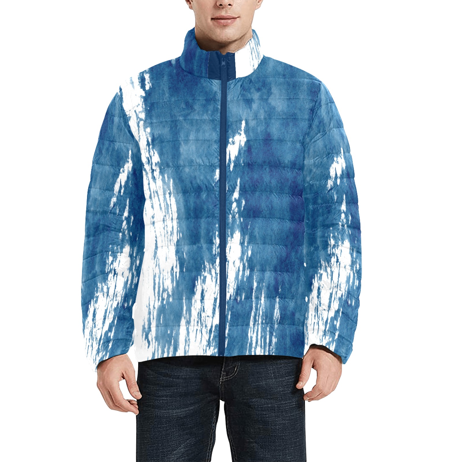Blue and White Abstract Jacket Men's Stand Collar Padded Jacket (Model H41)