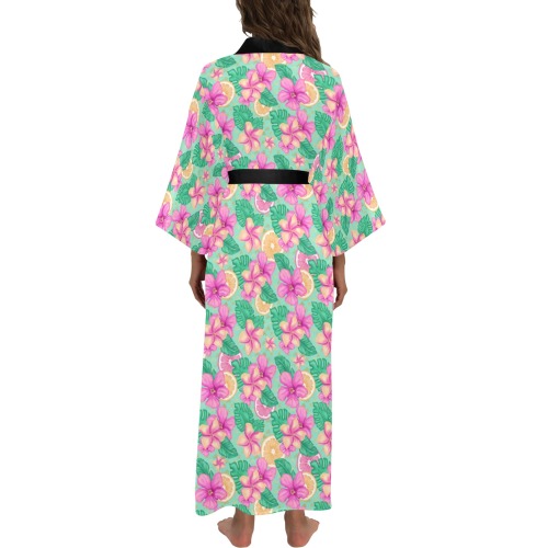 Tropical Hibiscus And Fruit Pattern Long Kimono Robe