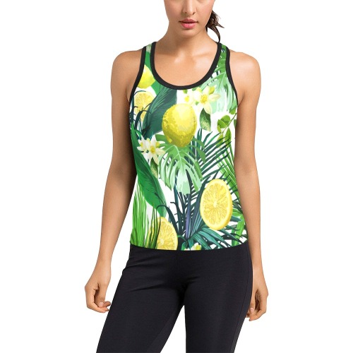 Lemon, flowers and tropical leaves Women's Racerback Tank Top (Model T60)