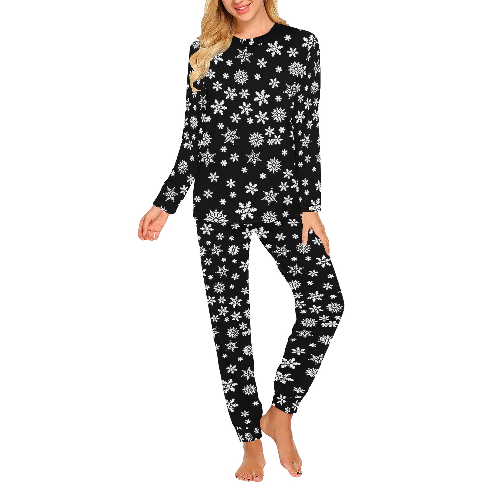 Christmas White Snowflakes on Black Women's All Over Print Pajama Set