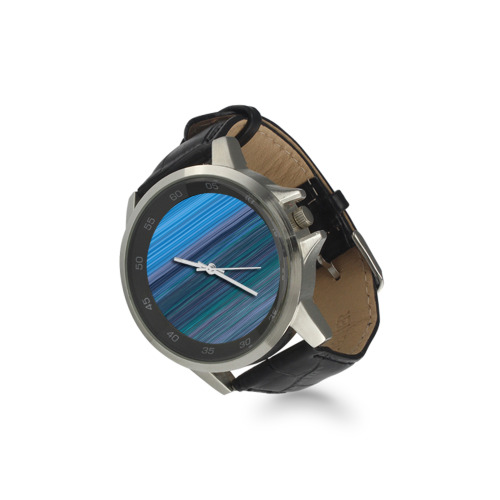 Abstract Blue Horizontal Stripes Unisex Stainless Steel Leather Strap Watch(Model 202)