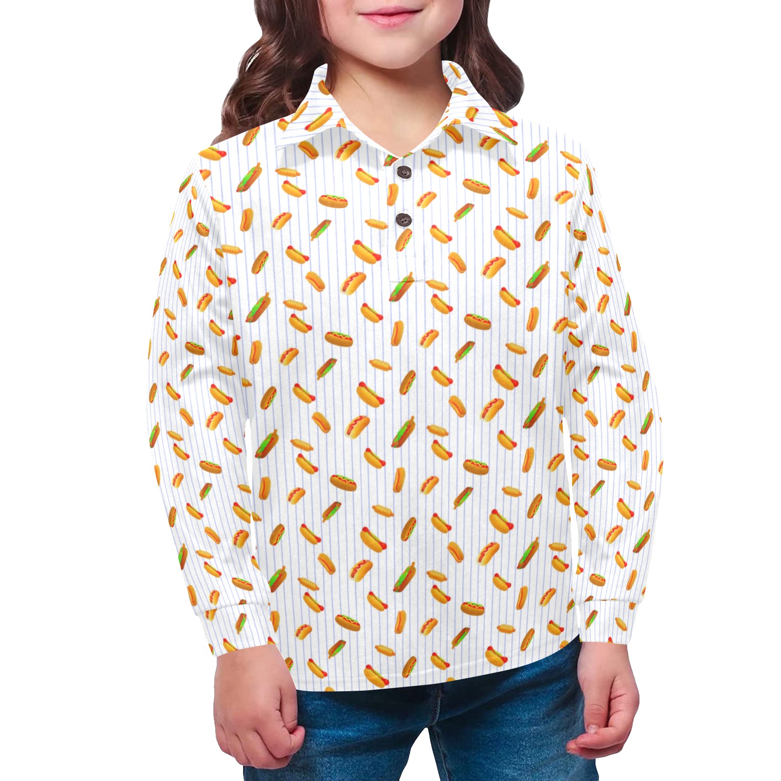 Hot Dog Pattern with Pinstripes Little Girls' All Over Print Long Sleeve Polo Shirt (Model T73)