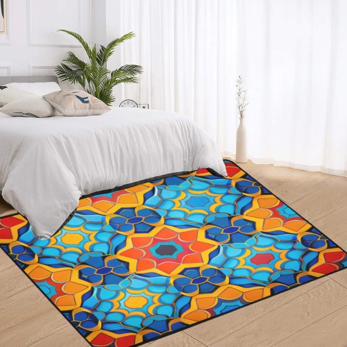 repeating pattern, blue and orange Area Rug with Black Binding 7'x5'