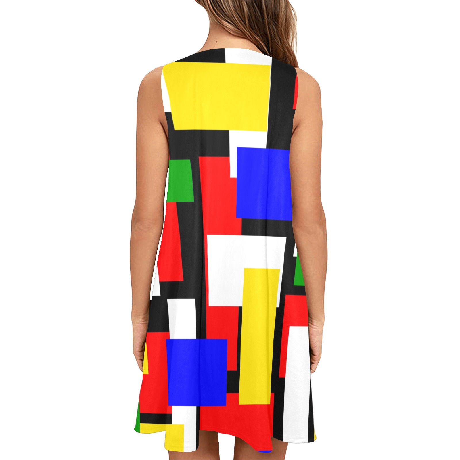 Yellow, Red, Blue and Green Geometric Blocks Sleeveless A-Line Pocket Dress (Model D57)