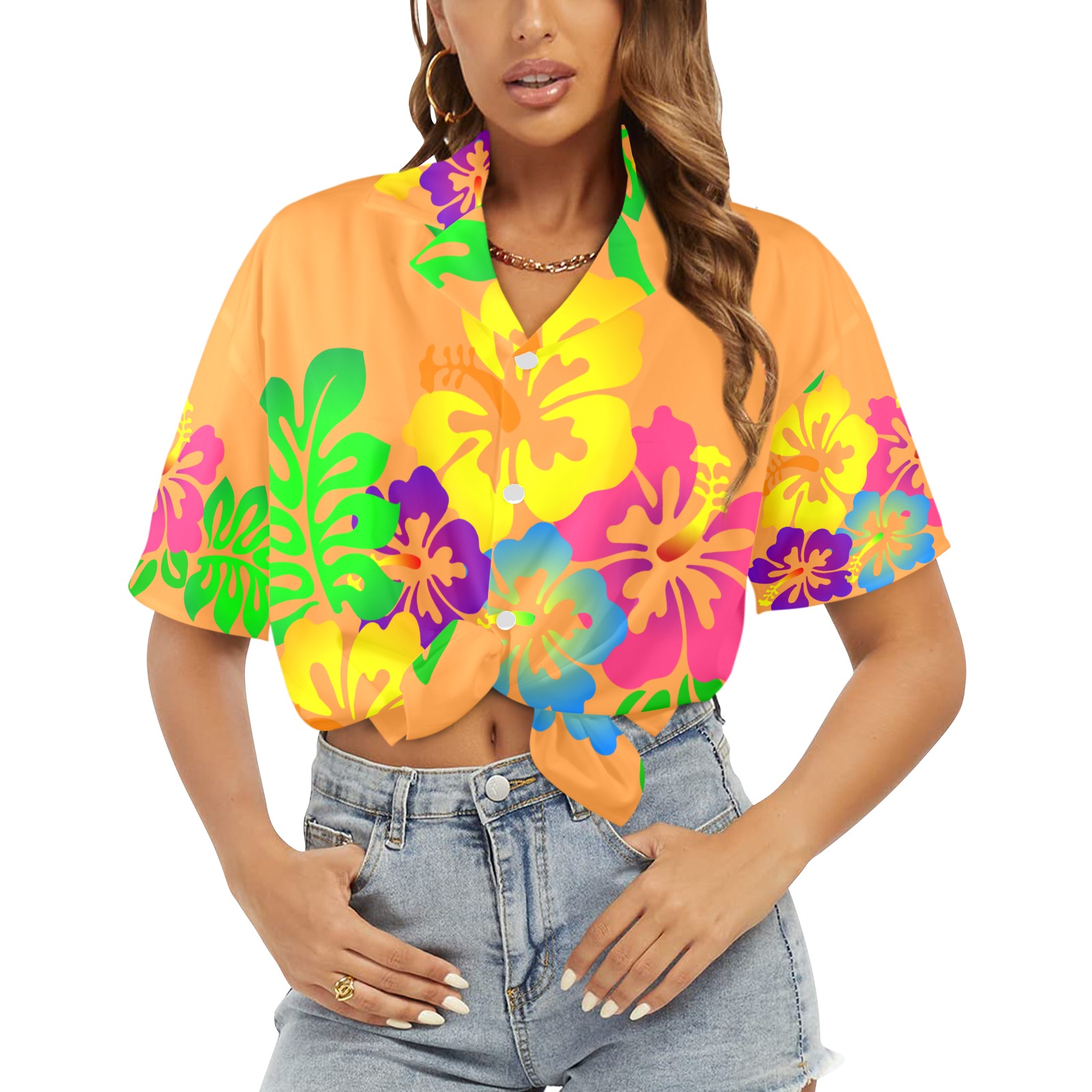 Hibiscus Hawaiian Flowers - Peach Women's All Over Print Hawaiian Shirt (T58-2)