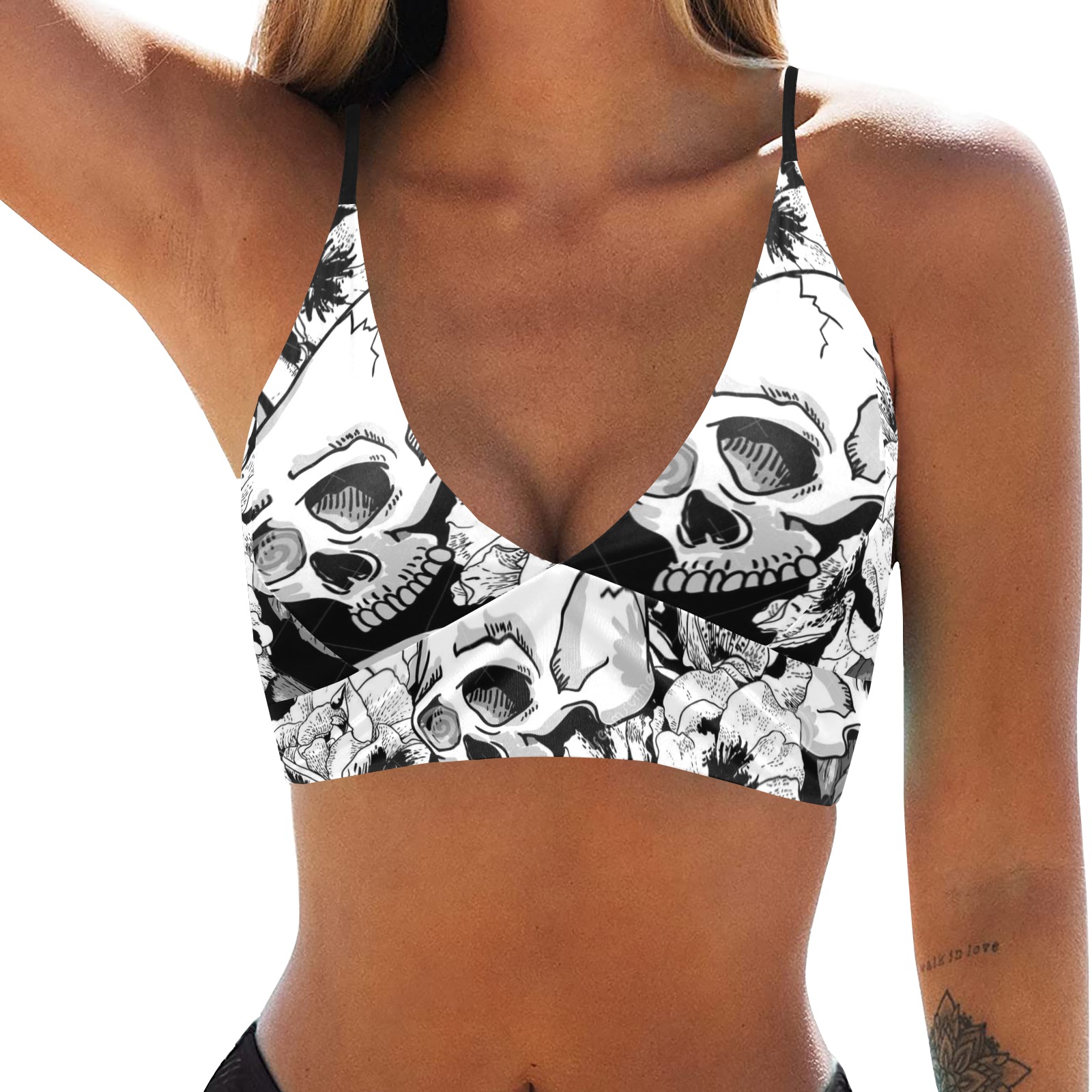 Skull Floral Bikini Top Crop Bikini Top (Model S40)