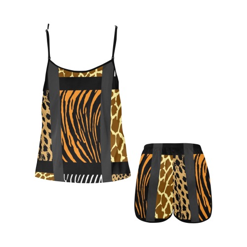 Mixed Animal Print Women's Spaghetti Strap Short Pajama Set