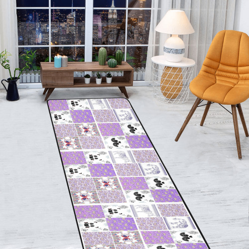 Purple Paisley Birds and Animals Patchwork Design Area Rug with Black Binding 9'6''x3'3''
