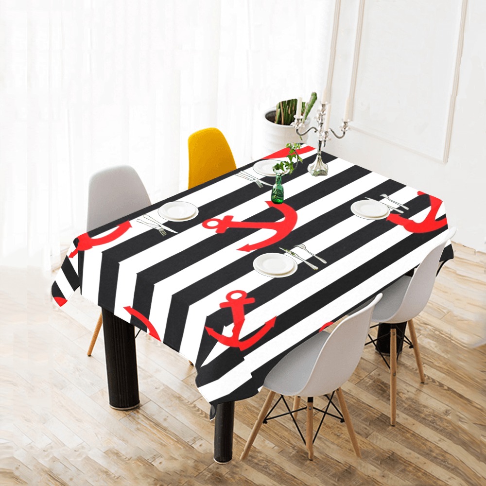 Anchor Stripe Red Blk Cotton Linen Tablecloth 52"x 70"