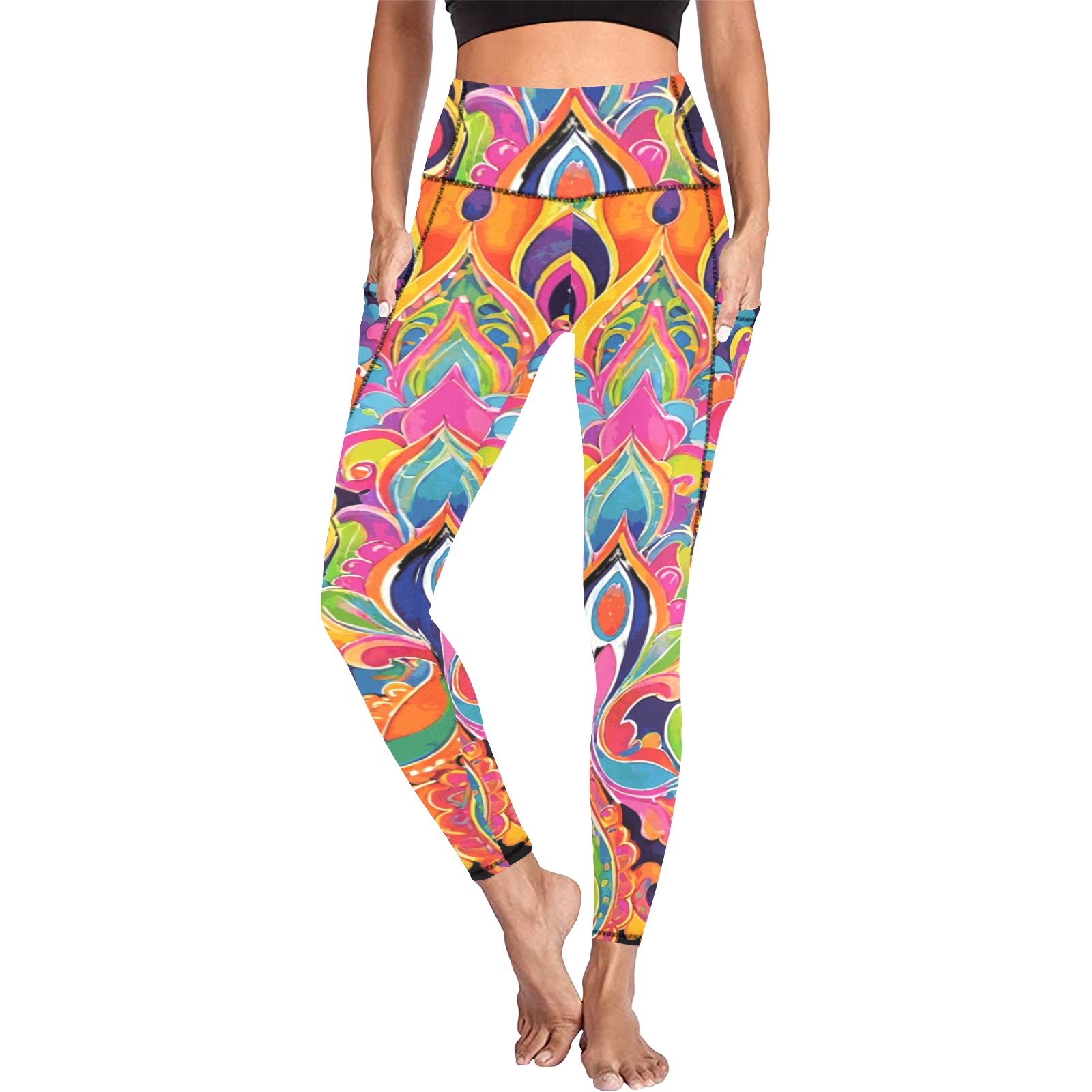Abstract Retro Hippie Paisley Floral Women's All Over Print Leggings with Pockets (Model L56)