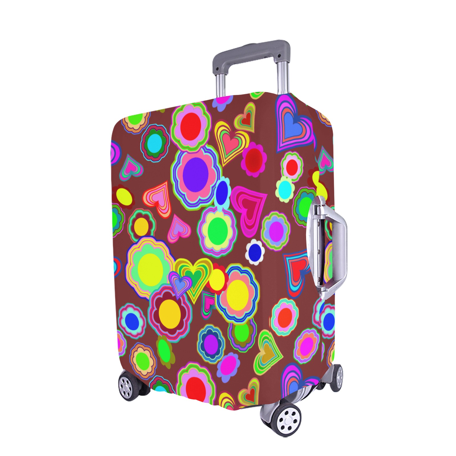 Groovy Hearts and Flowers Brown Luggage Cover/Extra Large 28"-30"