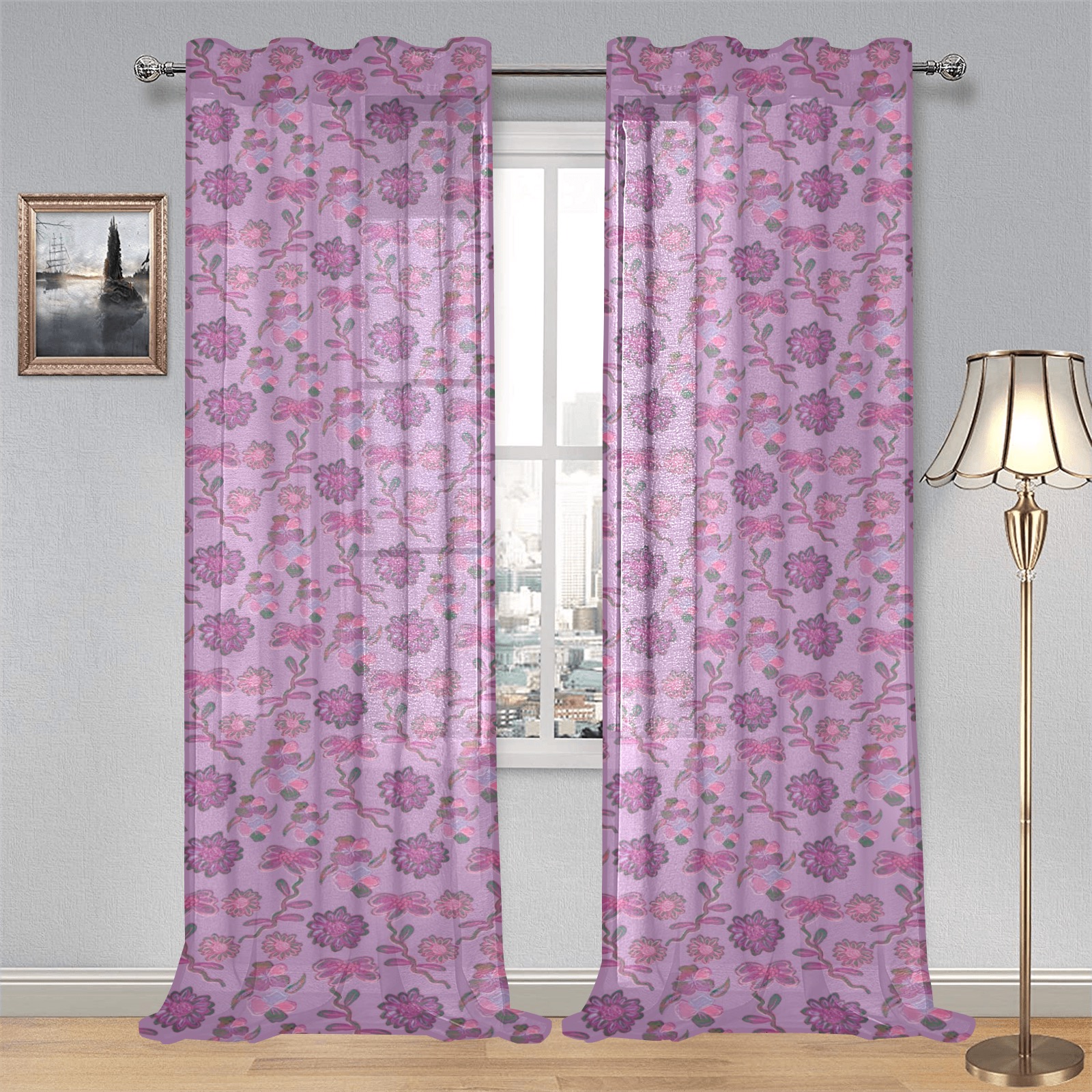 Sweet & Unique Floral Pattern Gauze Curtain 28"x95" (Two-Piece)