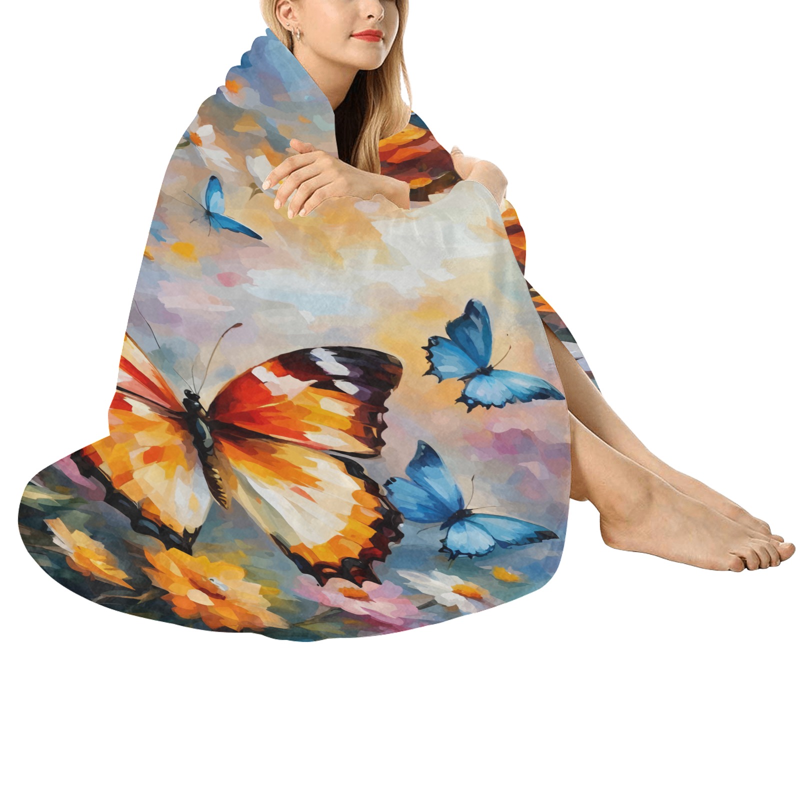 Beautiful butterflies and colorful flowers art Circular Ultra-Soft Micro Fleece Blanket 60"