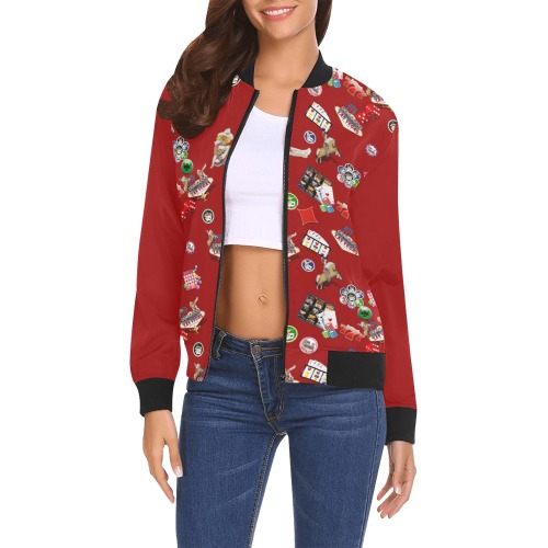 Famous Las Vegas Icons Red All Over Print Bomber Jacket for Women (Model H19)