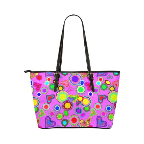 Groovy Hearts and Flowers Pink Leather Tote Bag/Large (Model 1651)